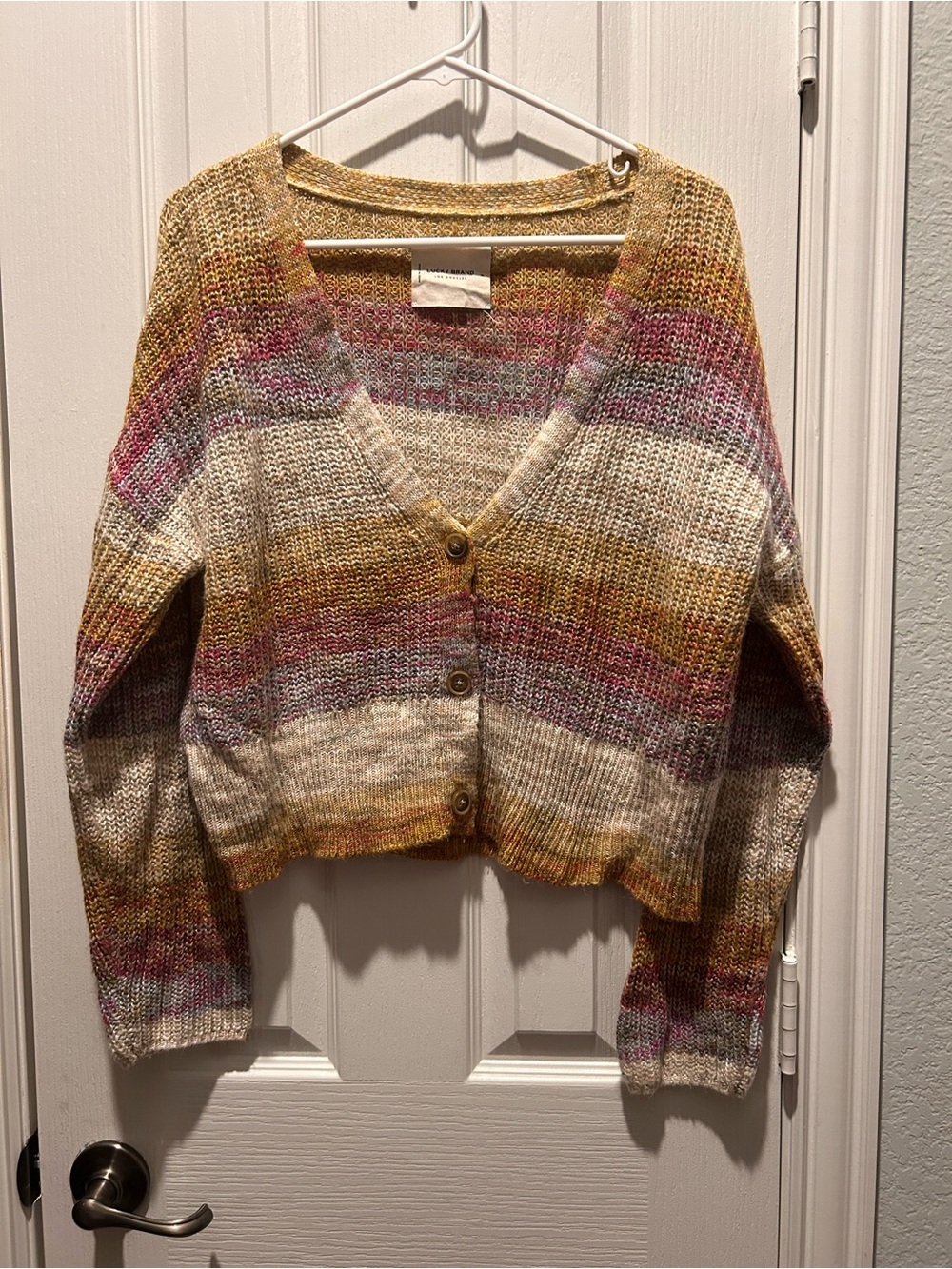 Lucky Brand Multicolor Striped V-Neck Button Cardigan in Cream, Gold & Pink